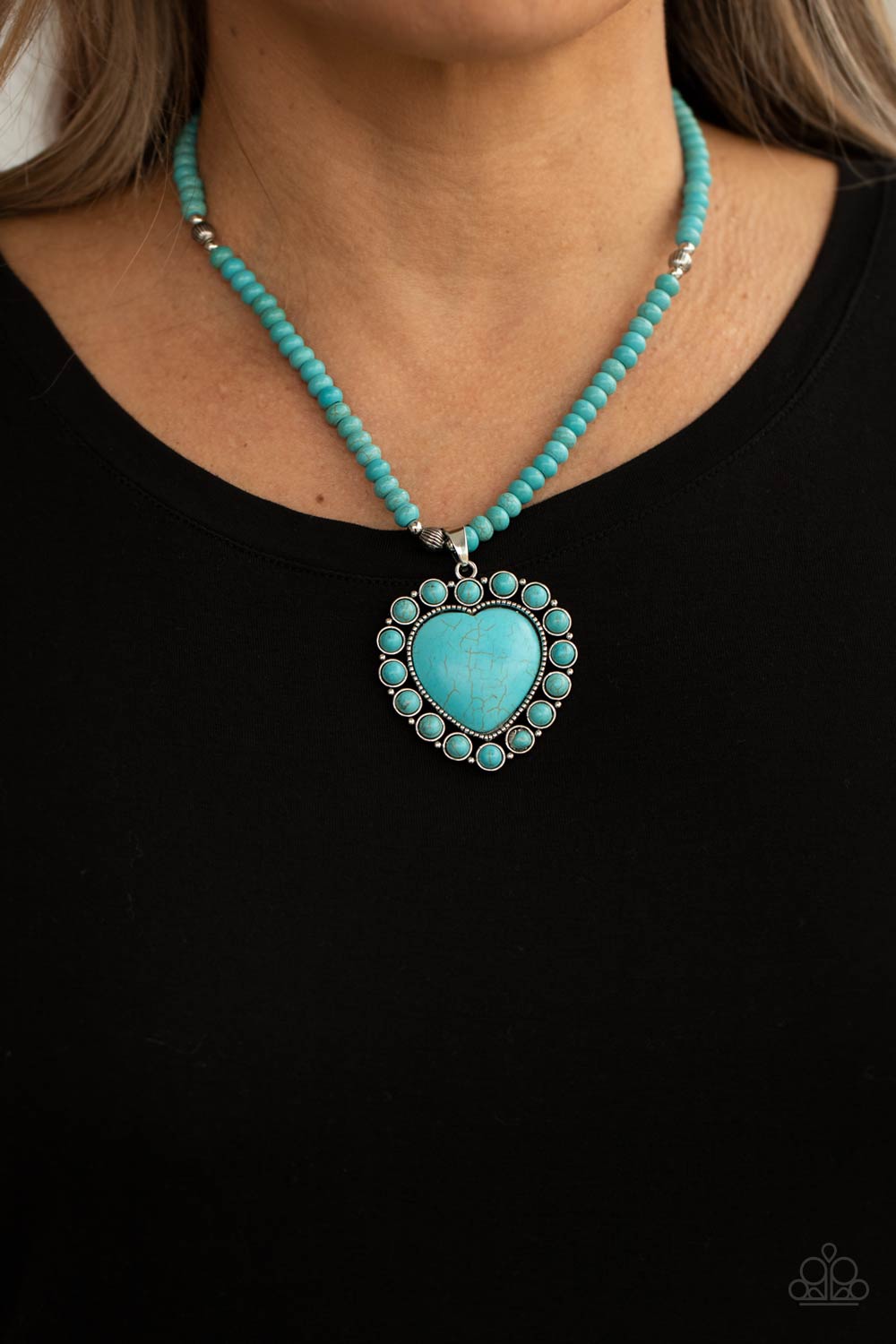 A Heart Of Stone Turquoise Blue Stone Heart Necklace - Paparazzi Accessories- on model - CarasShop.com - Paparazzi Jewelry by Cara Jewels