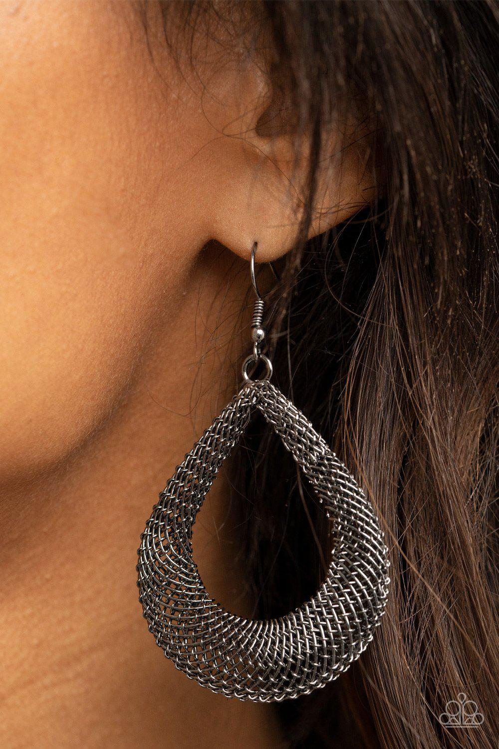 A Hot Mesh Gunmetal Black Teardrop Earrings - Paparazzi Accessories- on model - CarasShop.com - Paparazzi Jewelry by Cara Jewels