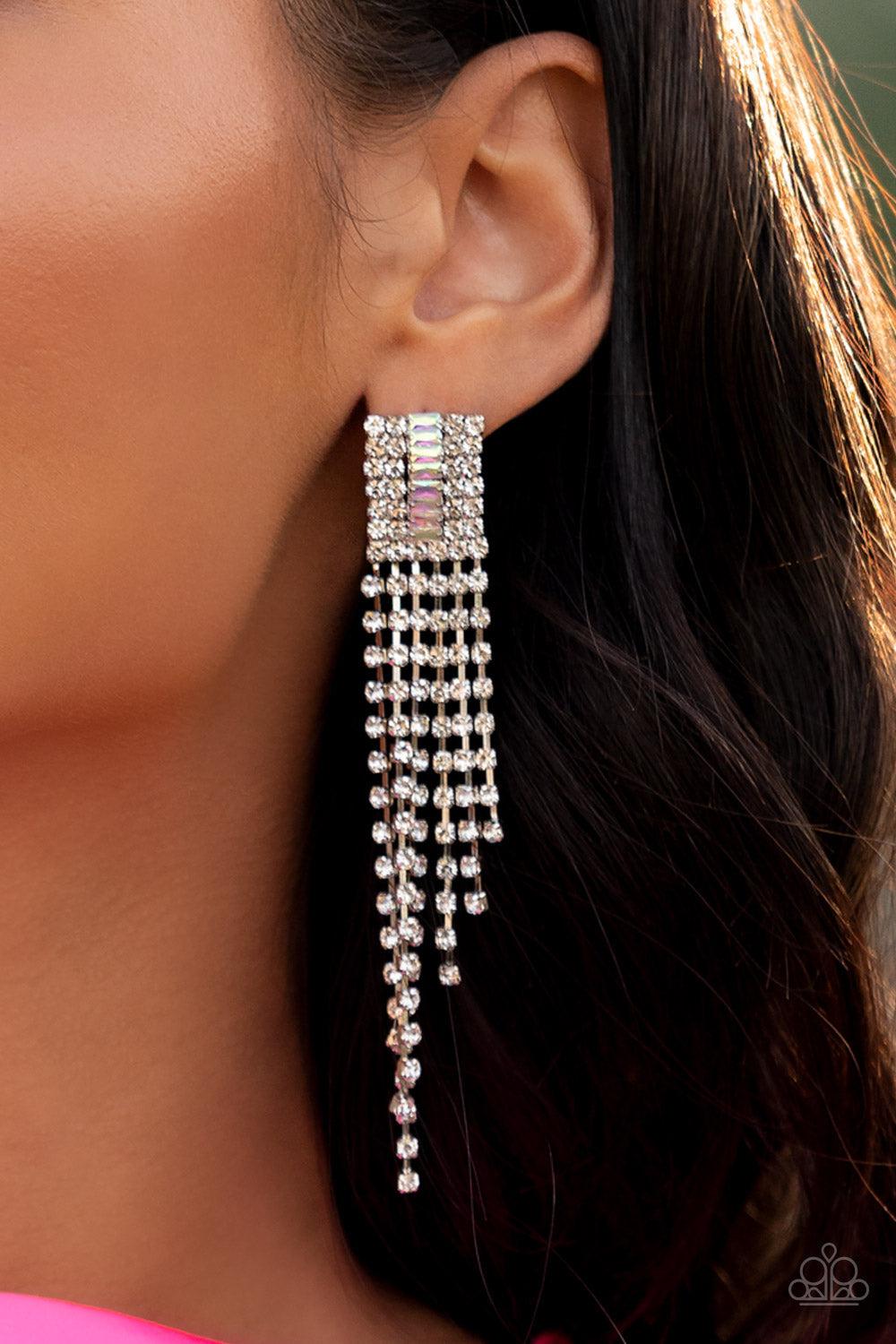 A-Lister Affirmations Multi Iridescent & White Rhinestone Earrings - Paparazzi Accessories- lightbox - CarasShop.com - Paparazzi Jewelry by Cara Jewels