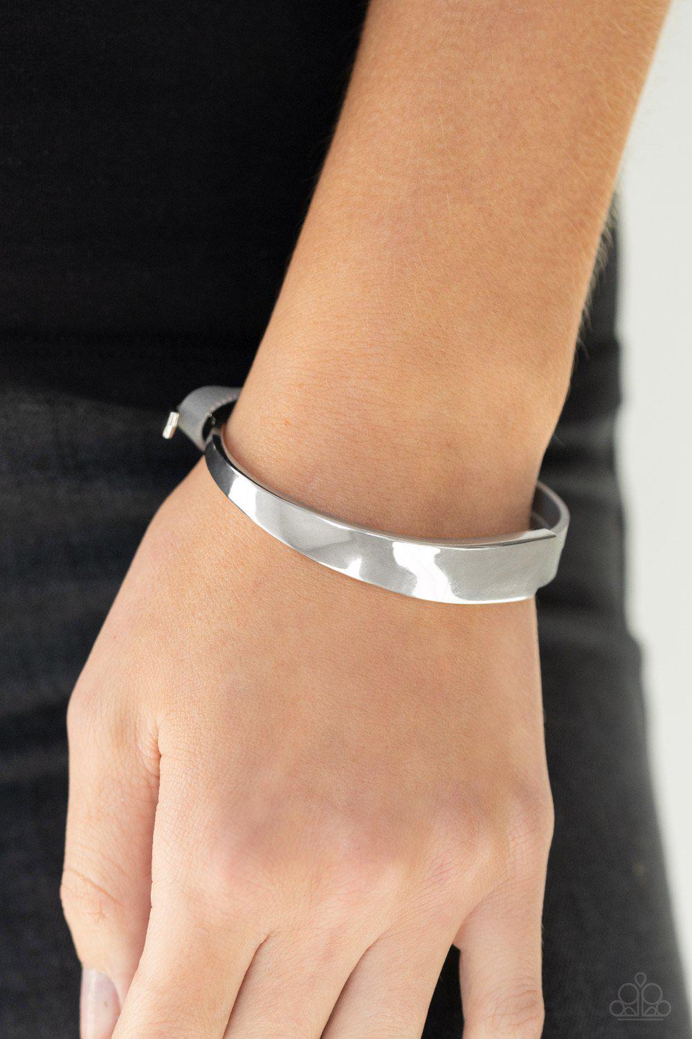 A Notch Above The Rest Silver and Gray Leather Bracelet - Paparazzi Accessories- on model - CarasShop.com - Paparazzi Jewelry by Cara Jewels