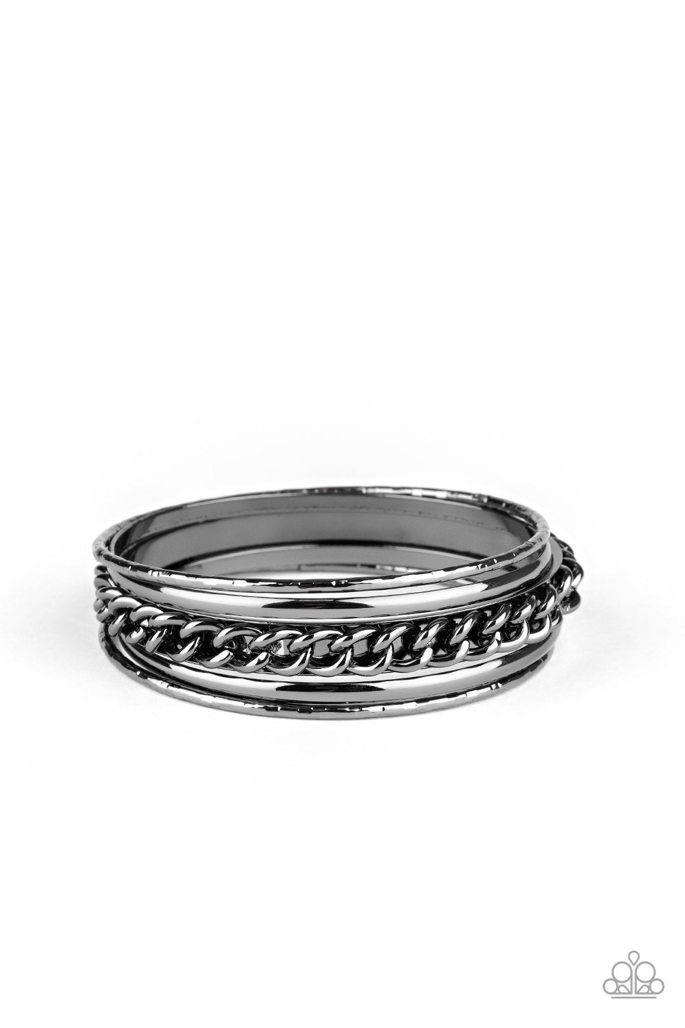 A Piece of The Action Gunmetal Black Bangle Bracelet Set - Paparazzi Accessories- lightbox - CarasShop.com - Paparazzi Jewelry by Cara Jewels