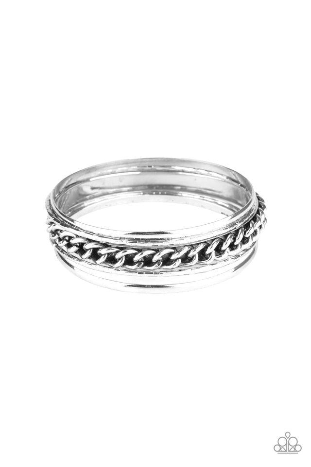 A Piece of the Action Silver Bangle Bracelet - Paparazzi Accessories- lightbox - CarasShop.com - Paparazzi Jewelry by Cara Jewels