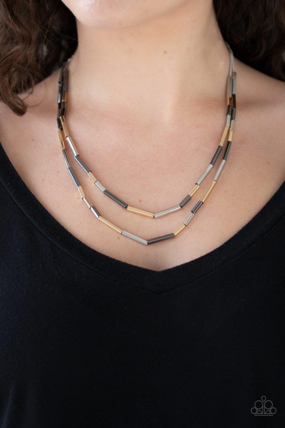 A Pipe Dream Multi Gold, Silver and Gunmetal Necklace - Paparazzi Accessories- on model - CarasShop.com - Paparazzi Jewelry by Cara Jewels