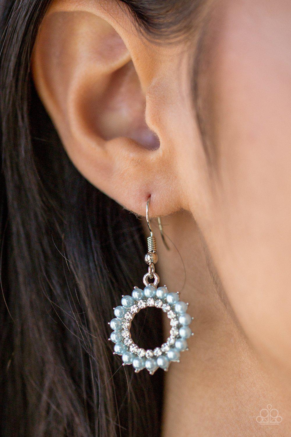 A Proper Lady Blue Pearl Earrings - Paparazzi Accessories- on model - CarasShop.com - Paparazzi Jewelry by Cara Jewels