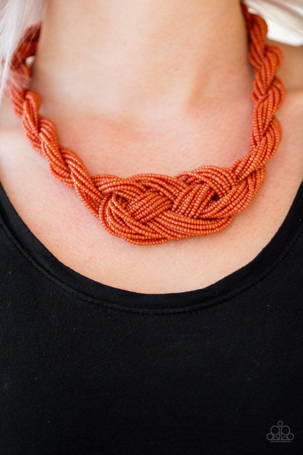 A Standing Ovation Burnt Orange Seed Bead Necklace - Paparazzi Accessories- on model - CarasShop.com - Paparazzi Jewelry by Cara Jewels