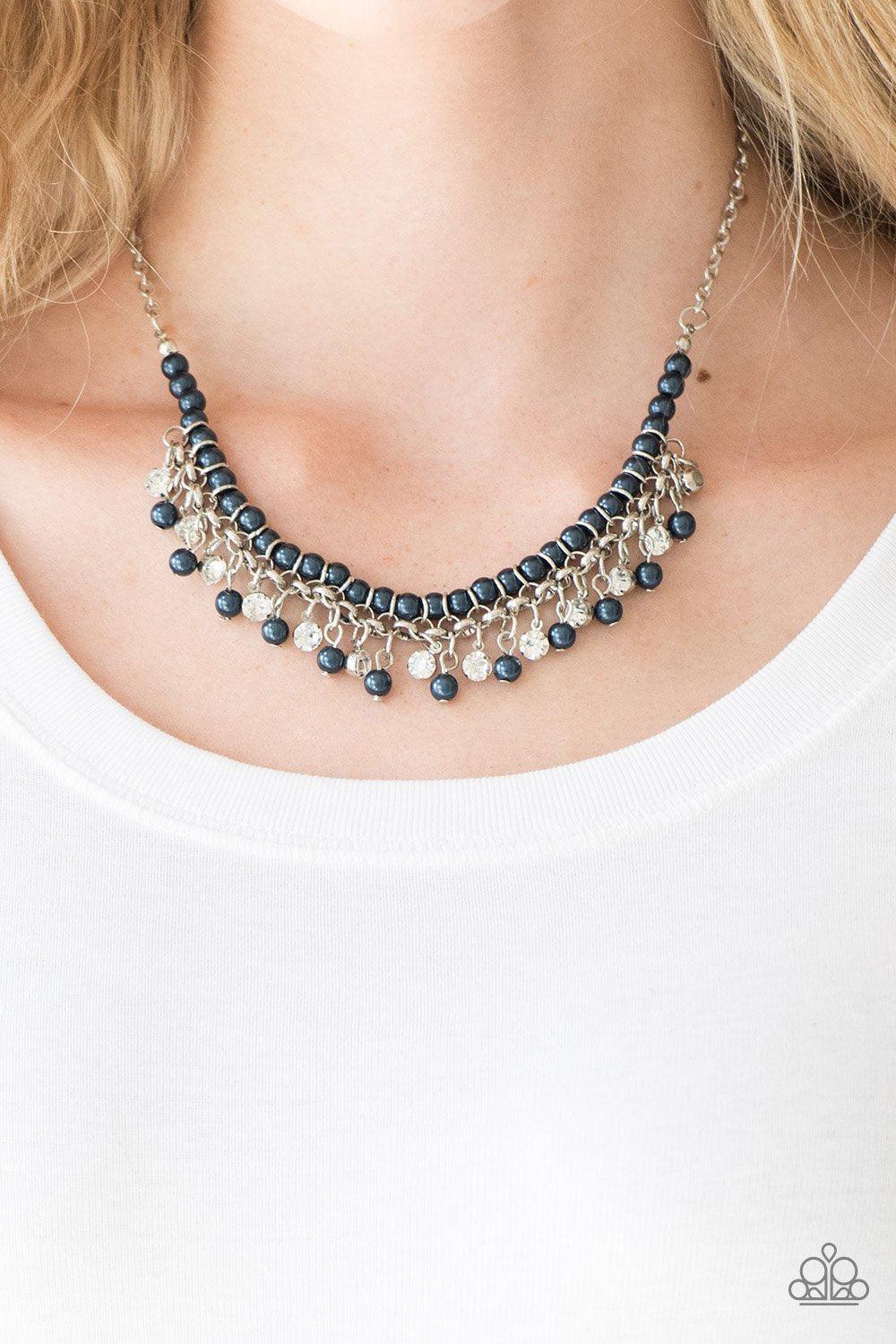 A Touch of CLASSY Blue Pearl and White Rhinestone Necklace - Paparazzi Accessories- on model - CarasShop.com - Paparazzi Jewelry by Cara Jewels
