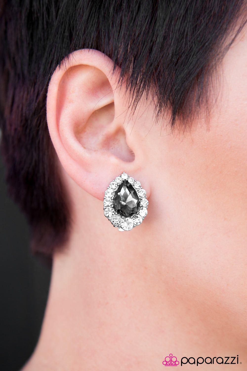 A Touch Of Magic Black Smoky Rhinestone Clip-on Earrings - Paparazzi Accessories- on model - CarasShop.com - Paparazzi Jewelry by Cara Jewels
