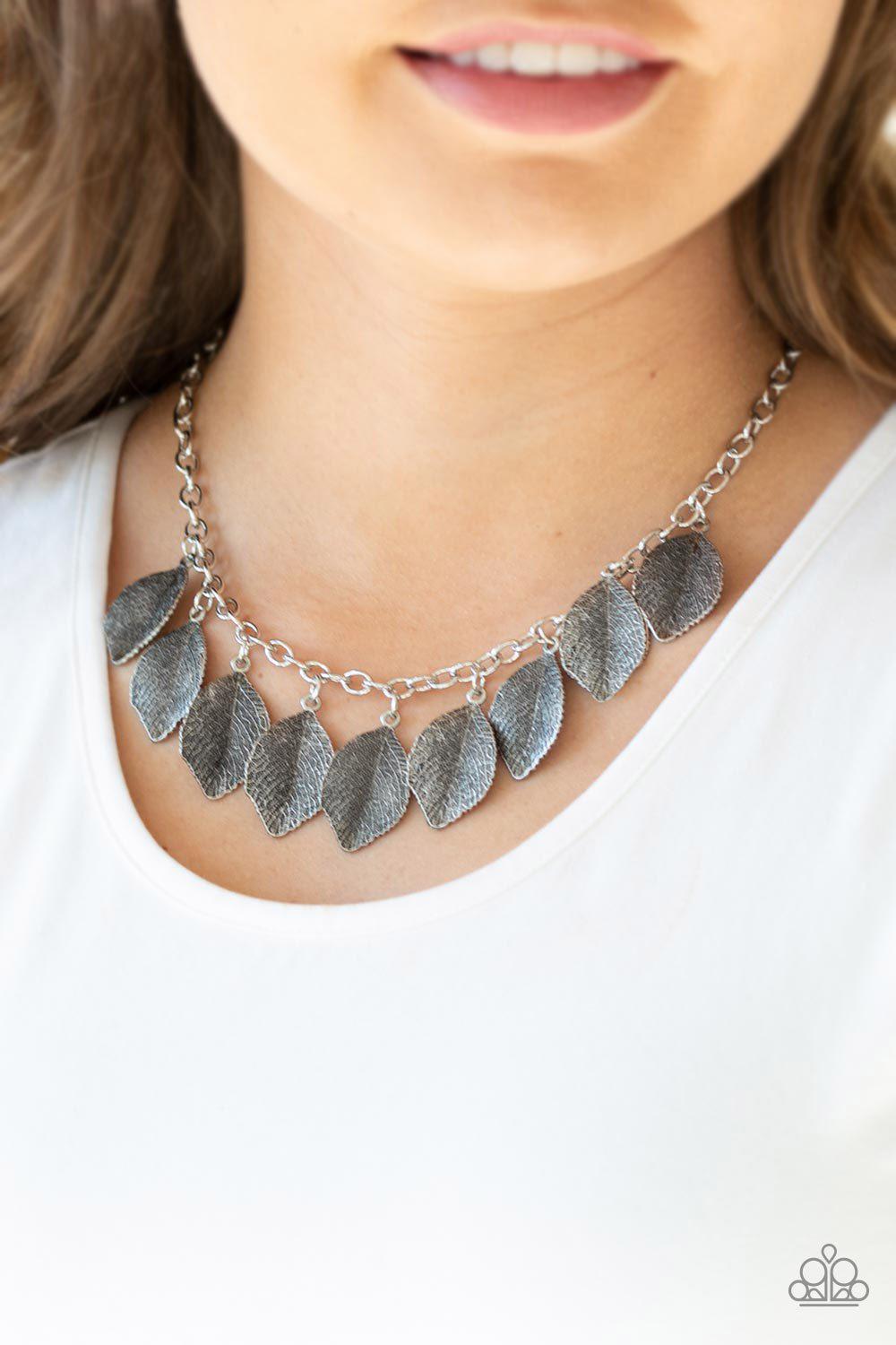 A True Be-LEAF-er Silver Necklace - Paparazzi Accessories- on model - CarasShop.com - Paparazzi Jewelry by Cara Jewels