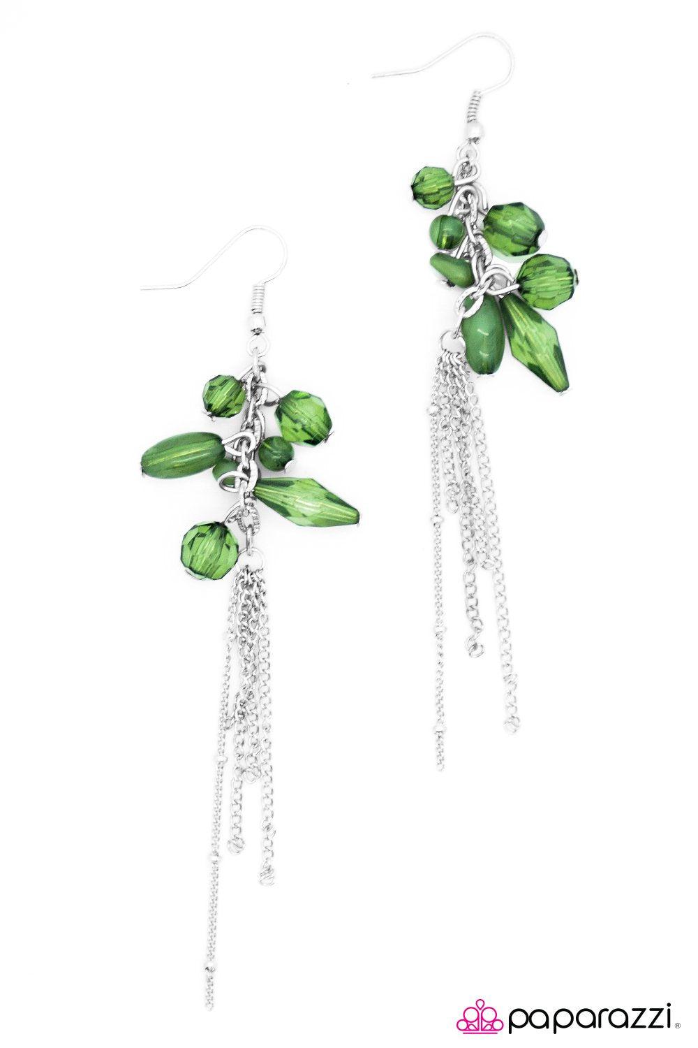 A Walk In The Park Green Bead and Silver Chain Earrings - Paparazzi Accessories- lightbox - CarasShop.com - Paparazzi Jewelry by Cara Jewels