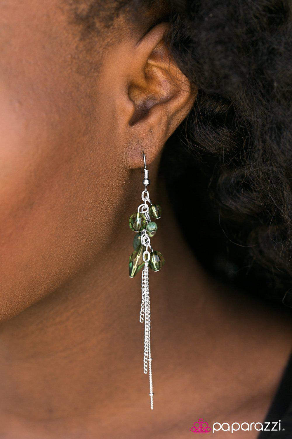 A Walk In The Park Green Bead and Silver Chain Earrings - Paparazzi Accessories- on model - CarasShop.com - Paparazzi Jewelry by Cara Jewels