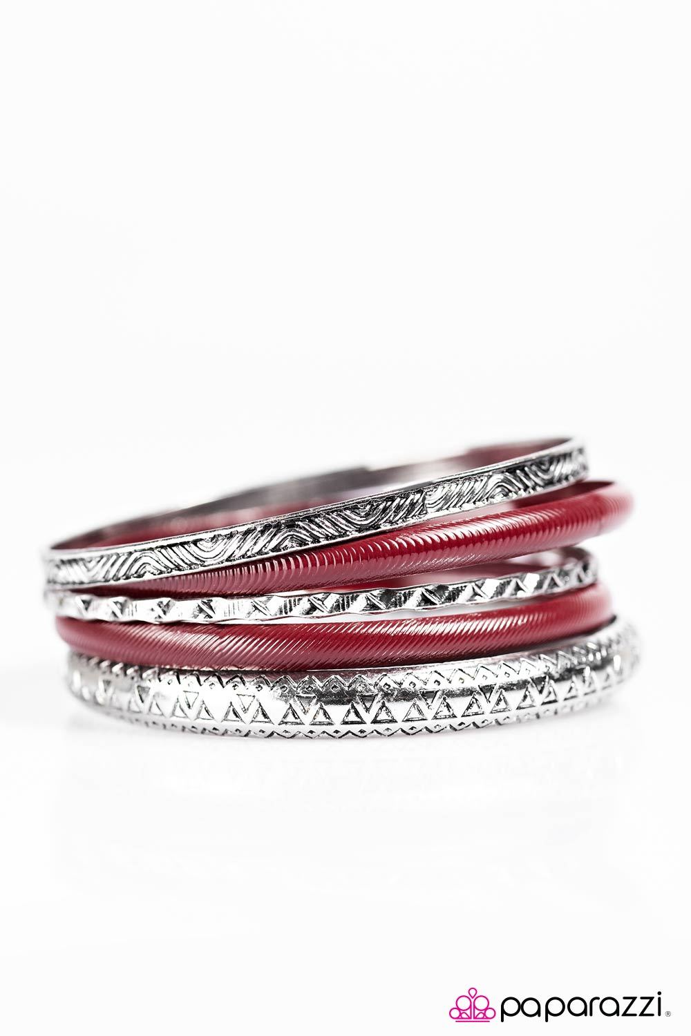 A Walk Through The JURASSIC Park Red and Silver Bangle Bracelet Set - Paparazzi Accessories- lightbox - CarasShop.com - Paparazzi Jewelry by Cara Jewels