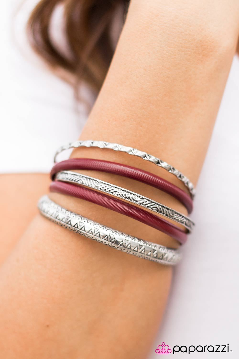 A Walk Through The JURASSIC Park Red and Silver Bangle Bracelet Set - Paparazzi Accessories- on model - CarasShop.com - Paparazzi Jewelry by Cara Jewels