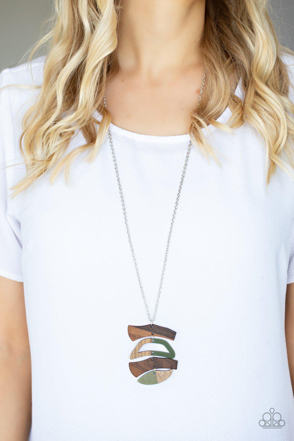 A WOODWORK In Progress Green Acrylic and Brown Wood Necklace - Paparazzi Accessories- on model - CarasShop.com - Paparazzi Jewelry by Cara Jewels