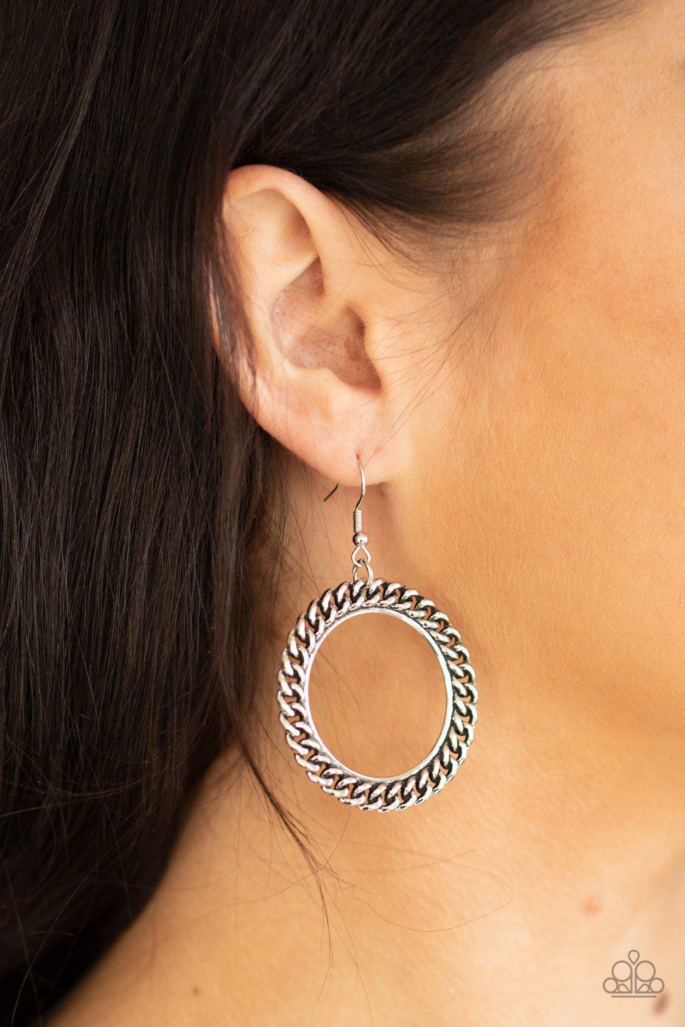 Above the RIMS Silver Earrings - Paparazzi Accessories- on model - CarasShop.com - Paparazzi Jewelry by Cara Jewels