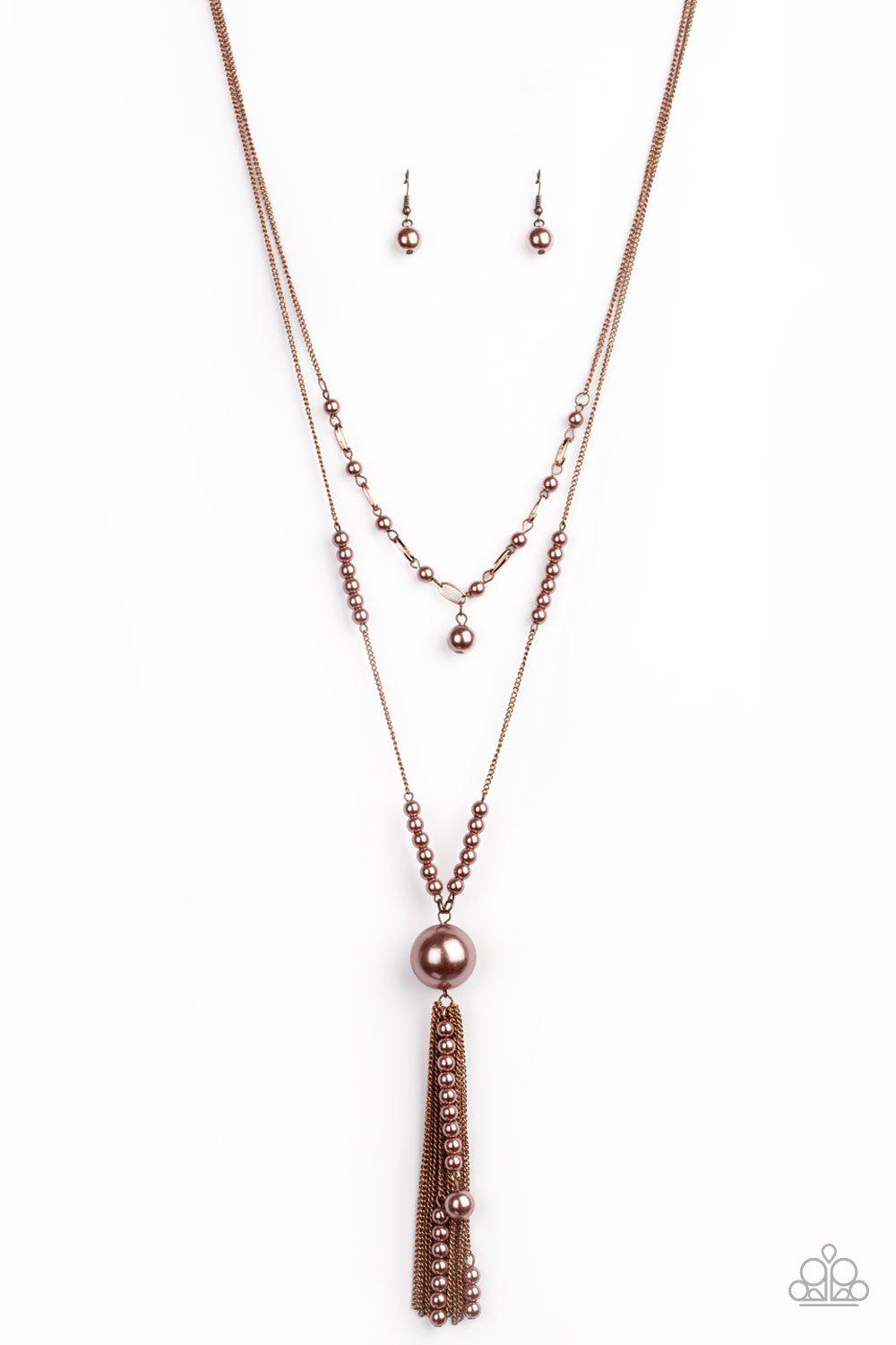 Abstract Elegance Copper Pearl Tassel Necklace - Paparazzi Accessories- lightbox - CarasShop.com - Paparazzi Jewelry by Cara Jewels