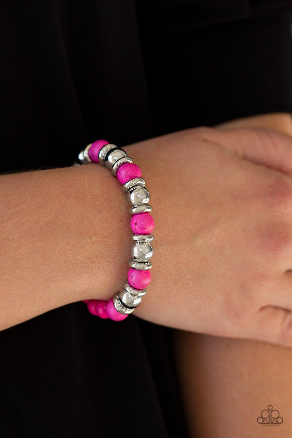 Across The Mesa Pink Stone Stretch Bracelet - Paparazzi Accessories- on model - CarasShop.com - Paparazzi Jewelry by Cara Jewels
