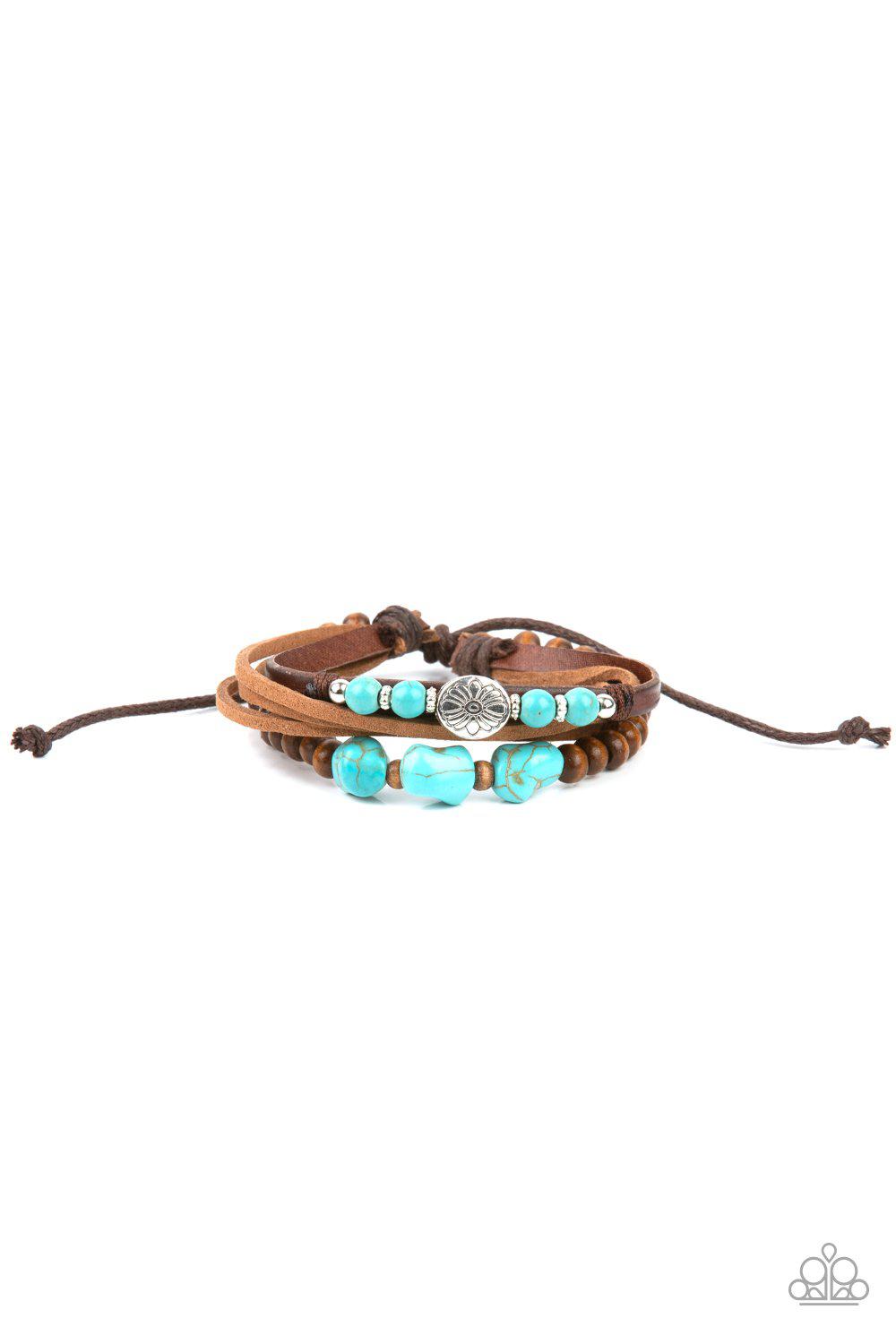 Act Natural Turquoise Blue Stone and Brown Leather Urban Sliding Knot Bracelet - Paparazzi Accessories- lightbox - CarasShop.com - Paparazzi Jewelry by Cara Jewels