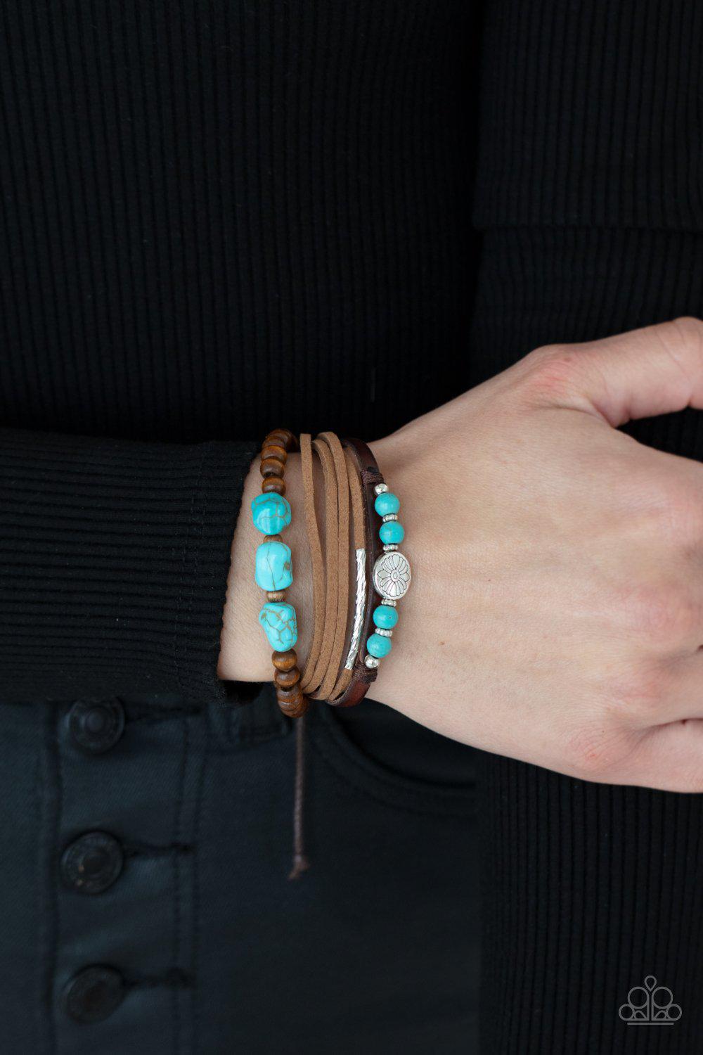 Act Natural Turquoise Blue Stone and Brown Leather Urban Sliding Knot Bracelet - Paparazzi Accessories- lightbox - CarasShop.com - Paparazzi Jewelry by Cara Jewels
