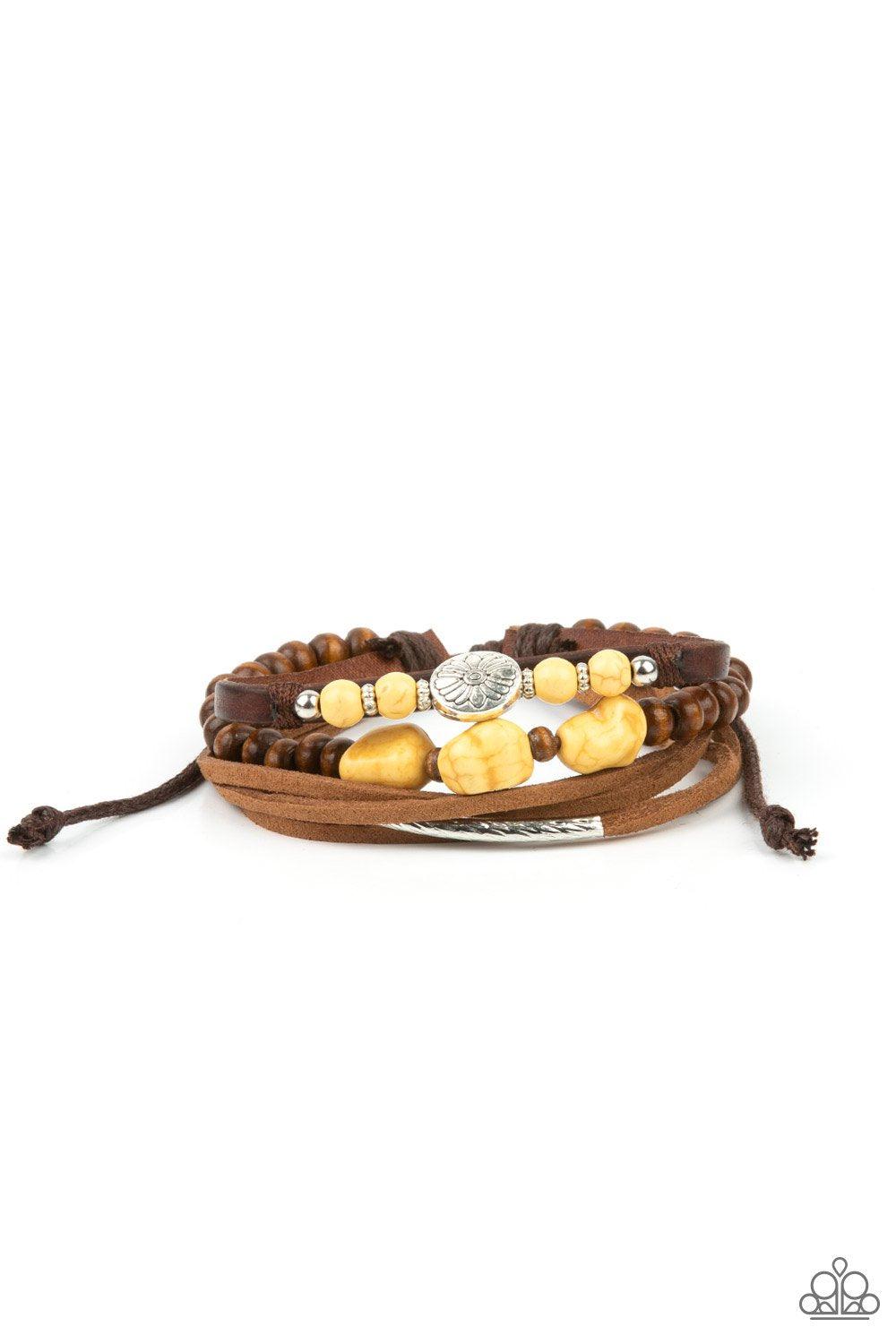 Act Natural Yellow Stone and Leather Urban Knot Bracelet - Paparazzi Accessories- lightbox - CarasShop.com - Paparazzi Jewelry by Cara Jewels