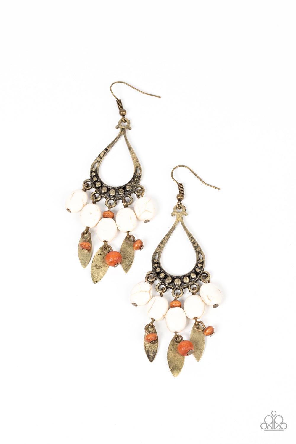 Adobe Air Brass & White Stone Earrings - Paparazzi Accessories- lightbox - CarasShop.com - Paparazzi Jewelry by Cara Jewels