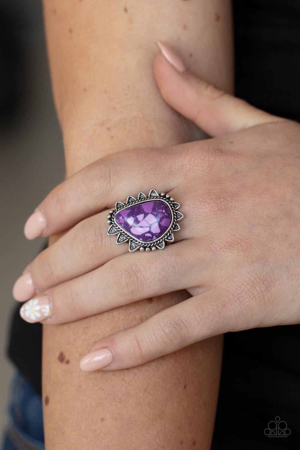 Adobe Sunrise Purple Stone Ring - Paparazzi Accessories- on model - CarasShop.com - Paparazzi Jewelry by Cara Jewels