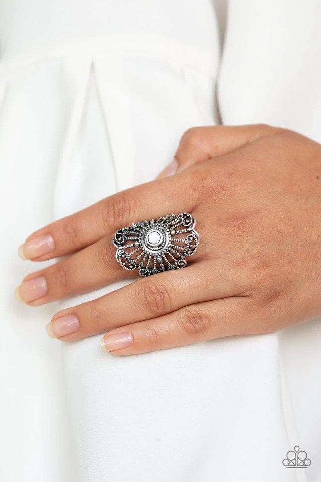 Adrift White Ring - Paparazzi Accessories- on model - CarasShop.com - Paparazzi Jewelry by Cara Jewels