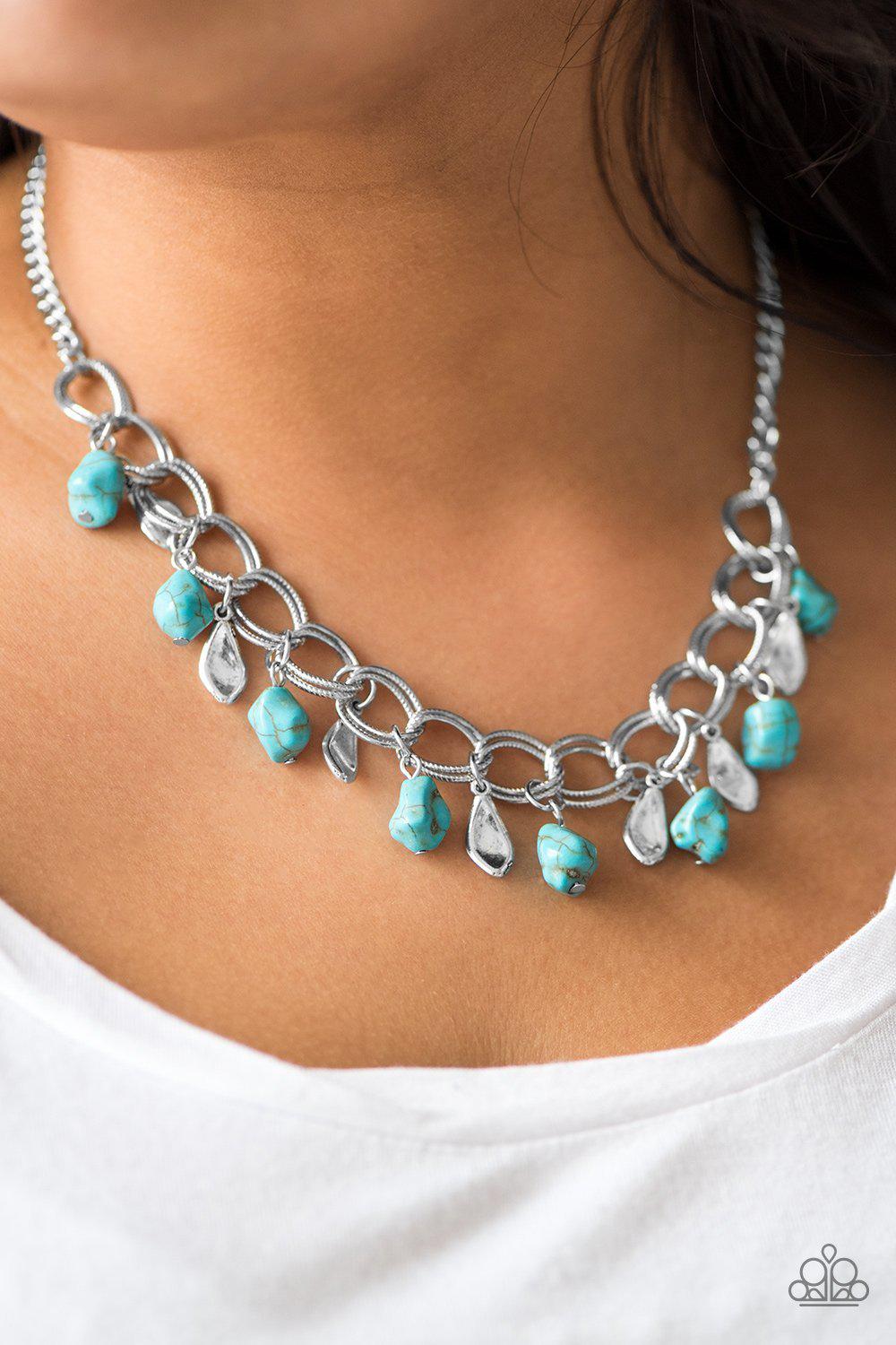 Adventure is Worthwhile Silver and Turquoise Blue Stone Necklace - Paparazzi Accessories- on model - CarasShop.com - Paparazzi Jewelry by Cara Jewels