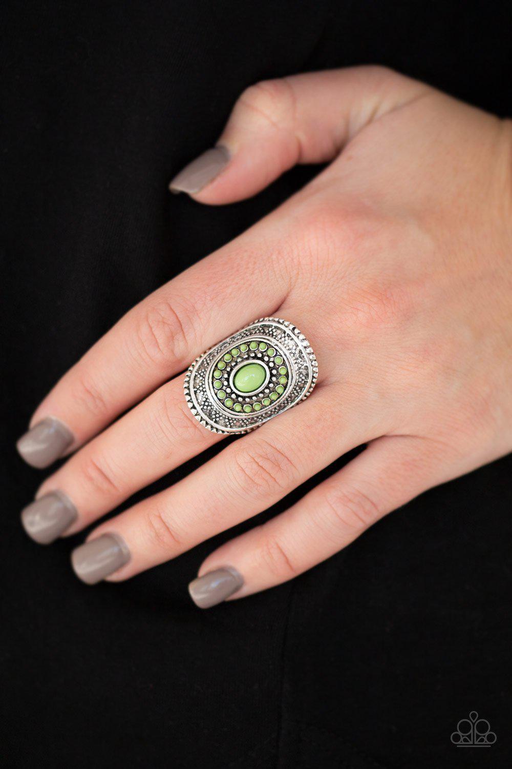 Adventure Venture Green and Silver Ring - Paparazzi Accessories- on model - CarasShop.com - Paparazzi Jewelry by Cara Jewels