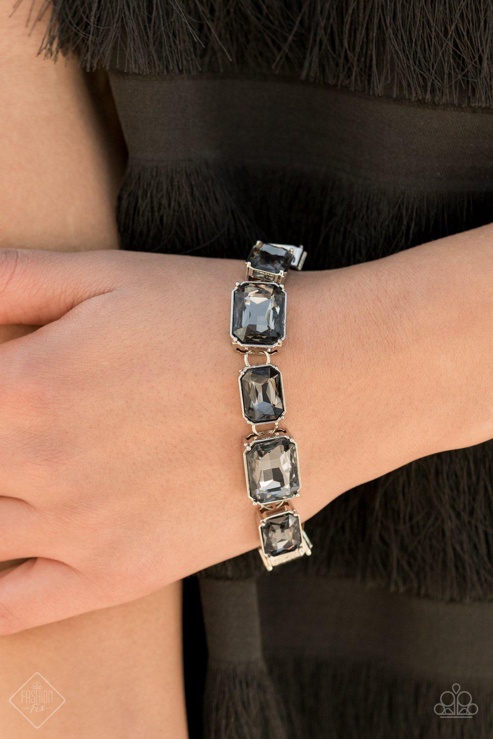 After Hours Silver Smoky Rhinestone Bracelet - Paparazzi Accessories- on model - CarasShop.com - Paparazzi Jewelry by Cara Jewels