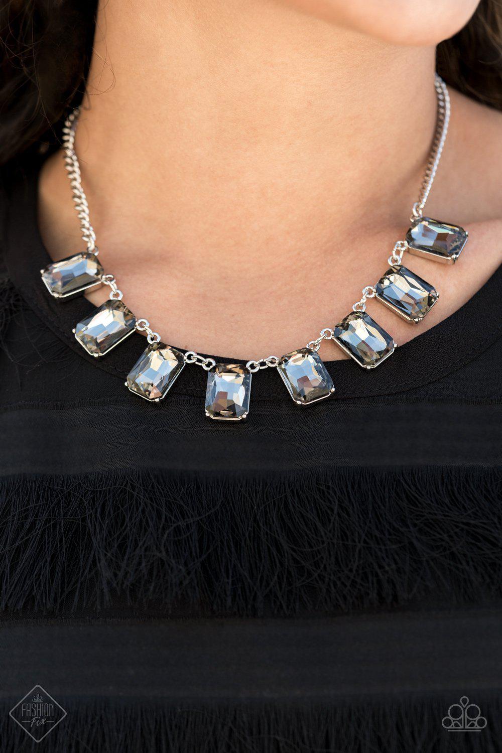 After Party Access Silver Smoky Rhinestone Necklace - Paparazzi Accessories- on model - CarasShop.com - Paparazzi Jewelry by Cara Jewels