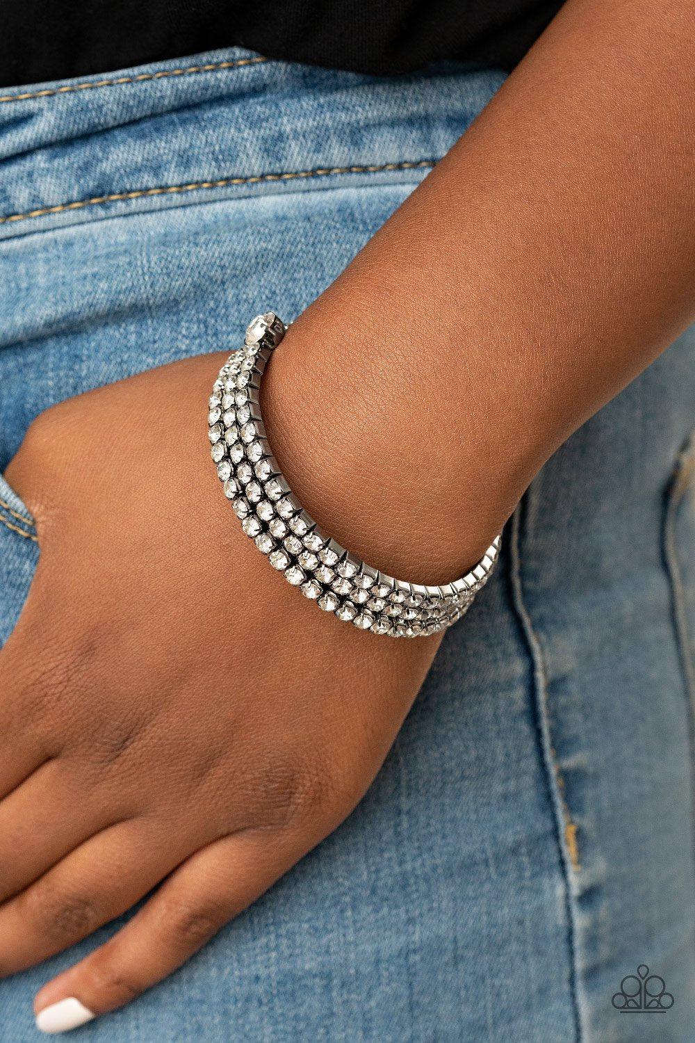 After Party Princess Gunmetal and White Rhinestone Infinity Wrap Bracelet - Paparazzi Accessories- on model - CarasShop.com - Paparazzi Jewelry by Cara Jewels