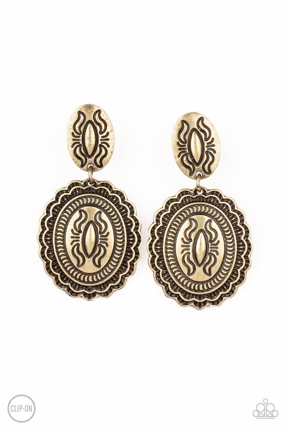 Ageless Artifact Brass Clip-On Earrings - Paparazzi Accessories- lightbox - CarasShop.com - Paparazzi Jewelry by Cara Jewels