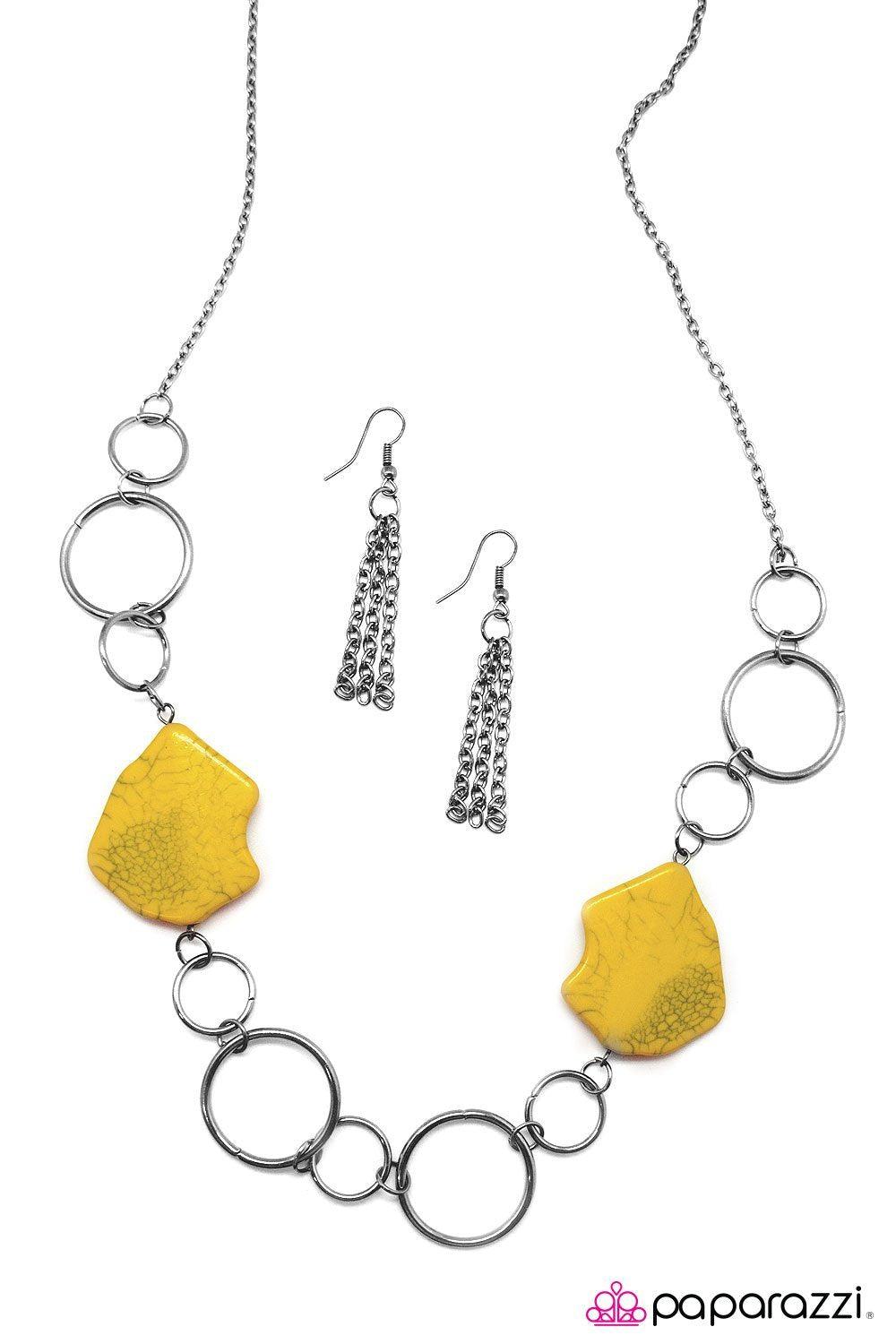 Ain't No Mountain High Enough Gunmetal and Yellow Necklace - Paparazzi Accessories- lightbox - CarasShop.com - Paparazzi Jewelry by Cara Jewels