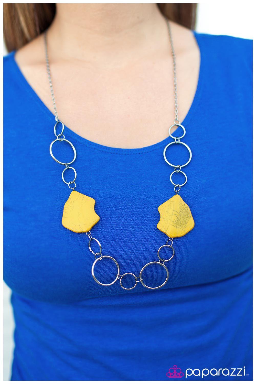 Ain't No Mountain High Enough Gunmetal and Yellow Necklace - Paparazzi Accessories- on model - CarasShop.com - Paparazzi Jewelry by Cara Jewels