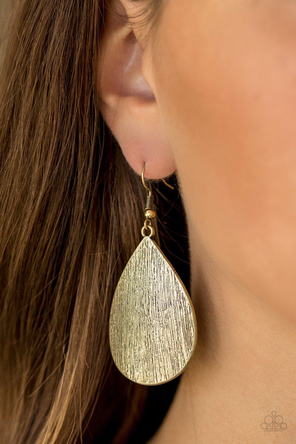 All Allure Brass Teardrop Earrings - Paparazzi Accessories- on model - CarasShop.com - Paparazzi Jewelry by Cara Jewels