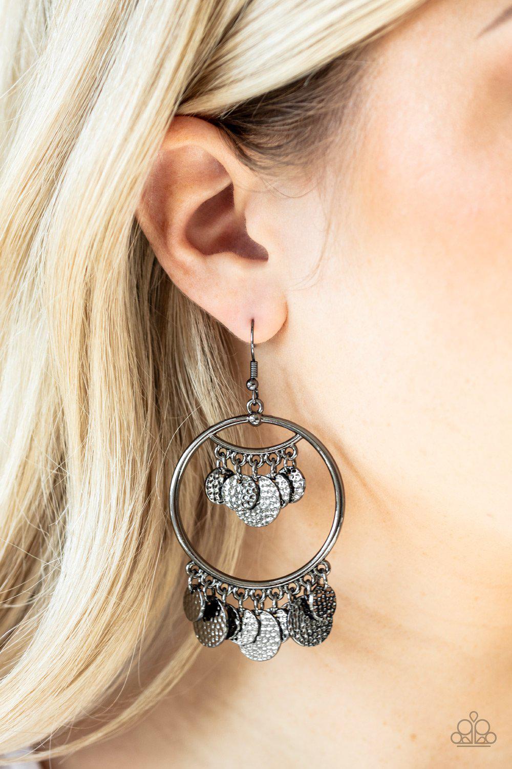 All-Chime High Black Earrings - Paparazzi Accessories- on model - CarasShop.com - Paparazzi Jewelry by Cara Jewels