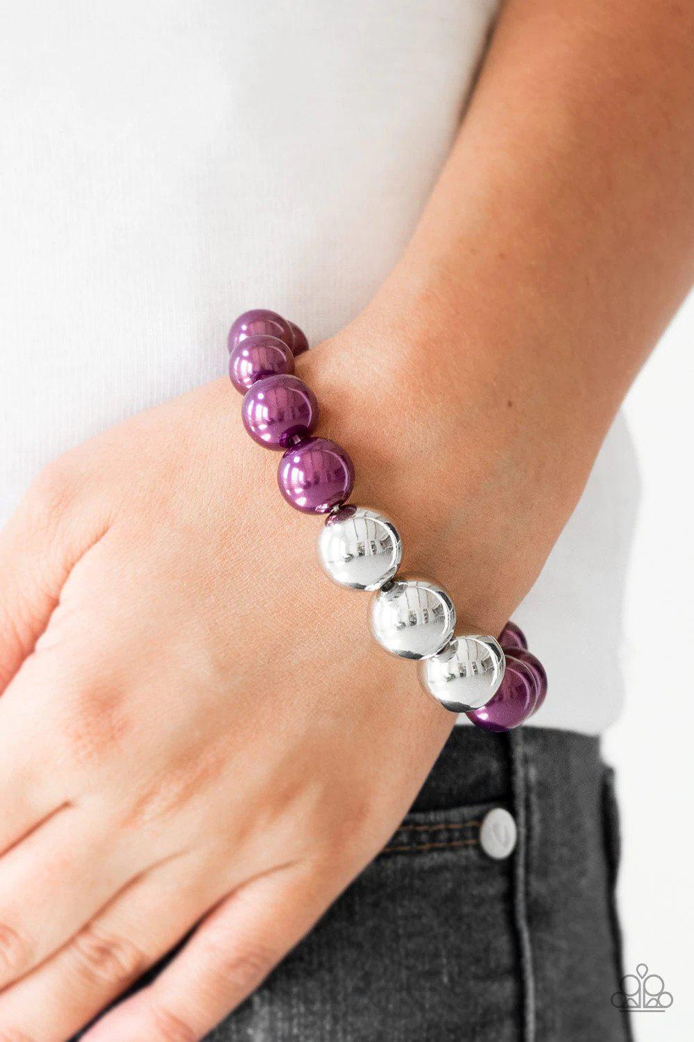All Dressed UPTOWN Purple Pearl Bracelet - Paparazzi Accessories- on model - CarasShop.com - Paparazzi Jewelry by Cara Jewels