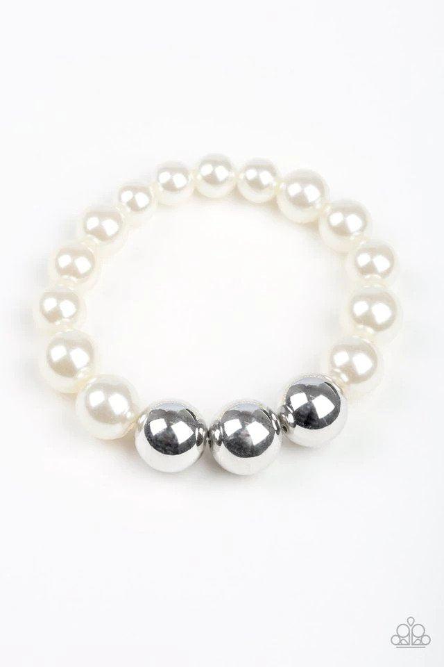 All Dressed UPTOWN White and Silver Pearl Bracelet - Paparazzi Accessories- lightbox - CarasShop.com - Paparazzi Jewelry by Cara Jewels