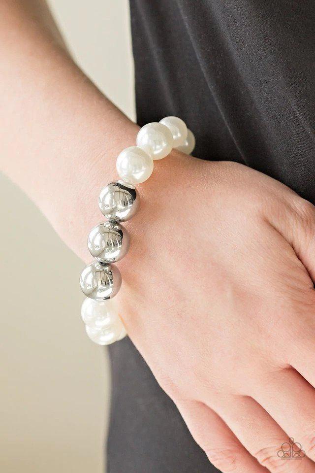 All Dressed UPTOWN White and Silver Pearl Bracelet - Paparazzi Accessories- lightbox - CarasShop.com - Paparazzi Jewelry by Cara Jewels