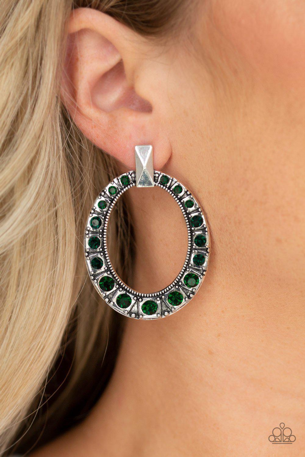 All For GLOW Green and Silver Post Earrings - Paparazzi Accessories- on model - CarasShop.com - Paparazzi Jewelry by Cara Jewels