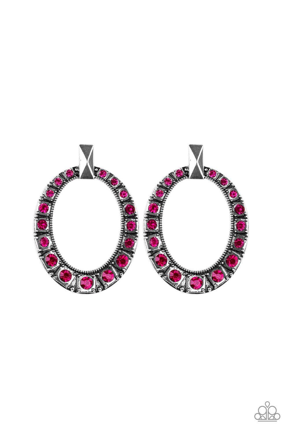 All For GLOW Pink Rhinestone and Silver Earrings - Paparazzi Accessories- lightbox - CarasShop.com - Paparazzi Jewelry by Cara Jewels