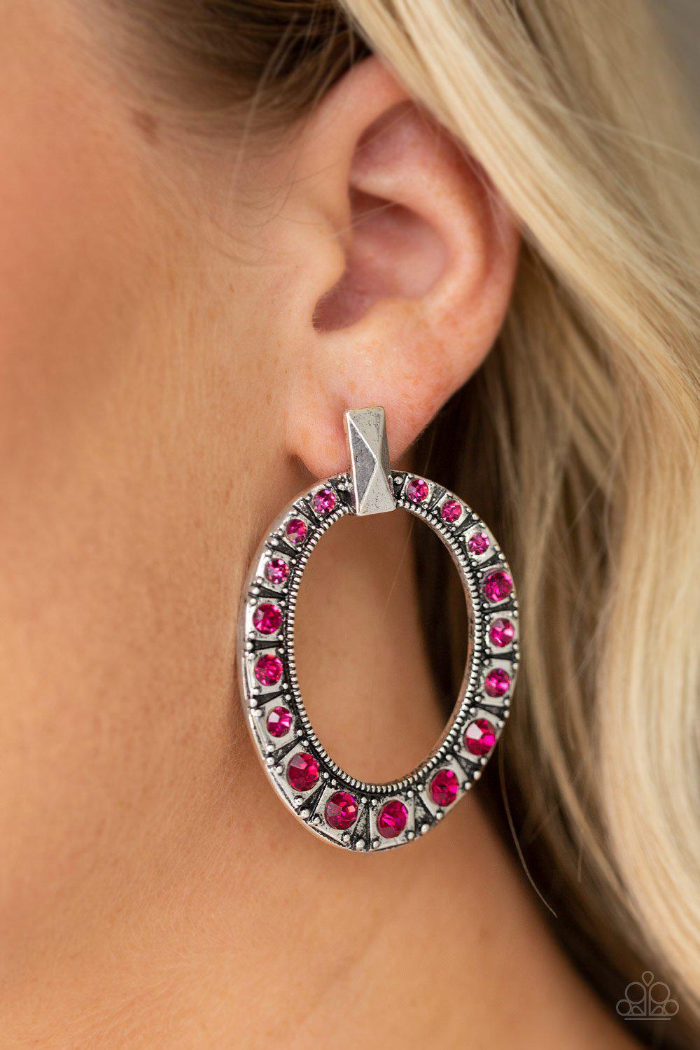 All For GLOW Pink Rhinestone and Silver Earrings - Paparazzi Accessories- lightbox - CarasShop.com - Paparazzi Jewelry by Cara Jewels