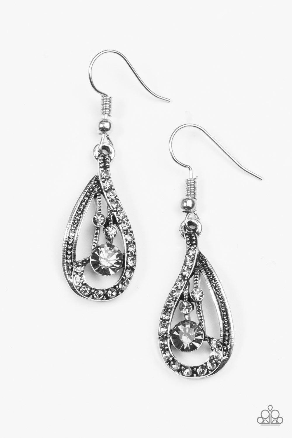 All For Show Silver Rhinestone Earrings - Paparazzi Accessories- lightbox - CarasShop.com - Paparazzi Jewelry by Cara Jewels