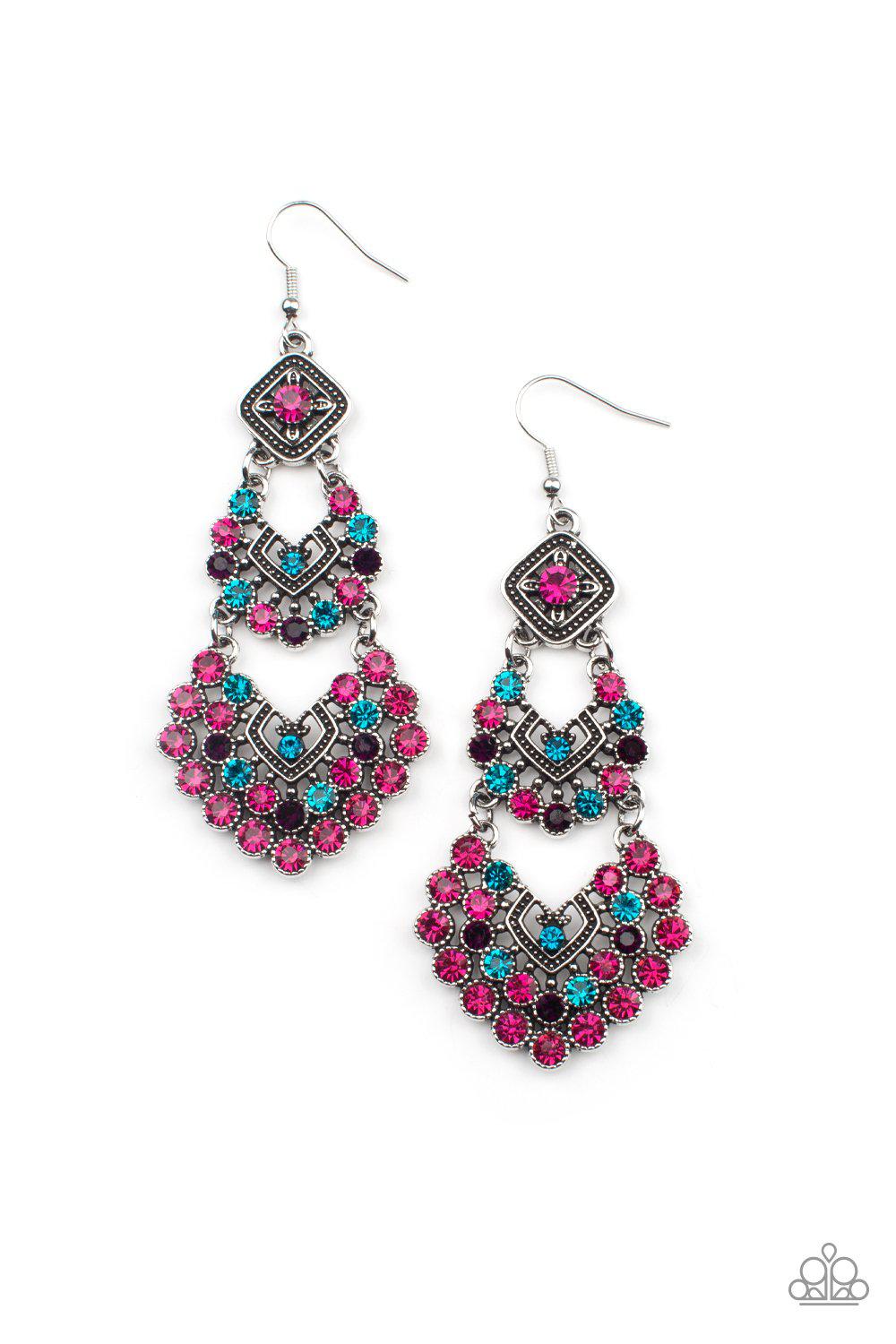 All For The GLAM Multi Pink and Blue Rhinestone Earrings - Paparazzi Accessories- lightbox - CarasShop.com - Paparazzi Jewelry by Cara Jewels