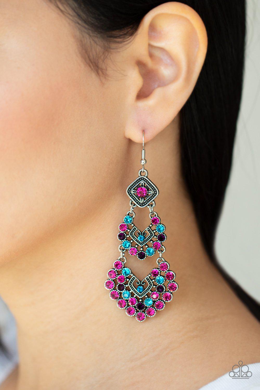 All For The GLAM Multi Pink and Blue Rhinestone Earrings - Paparazzi Accessories- lightbox - CarasShop.com - Paparazzi Jewelry by Cara Jewels