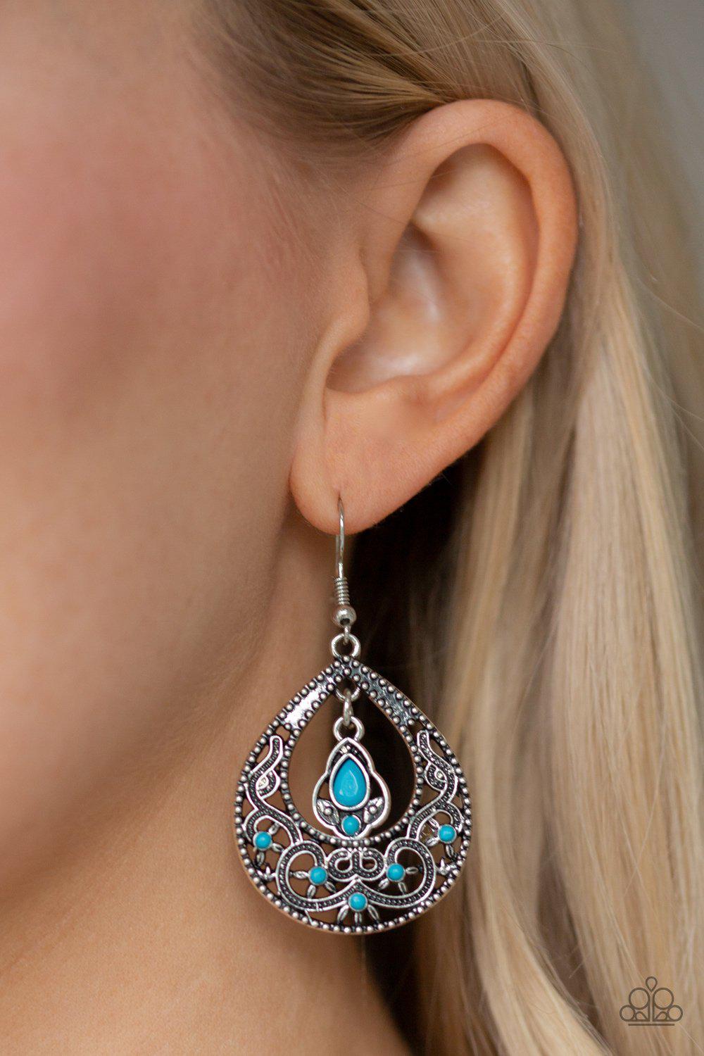All-Girl Glow Blue and Silver Teardrop Earrings - Paparazzi Accessories- on model - CarasShop.com - Paparazzi Jewelry by Cara Jewels
