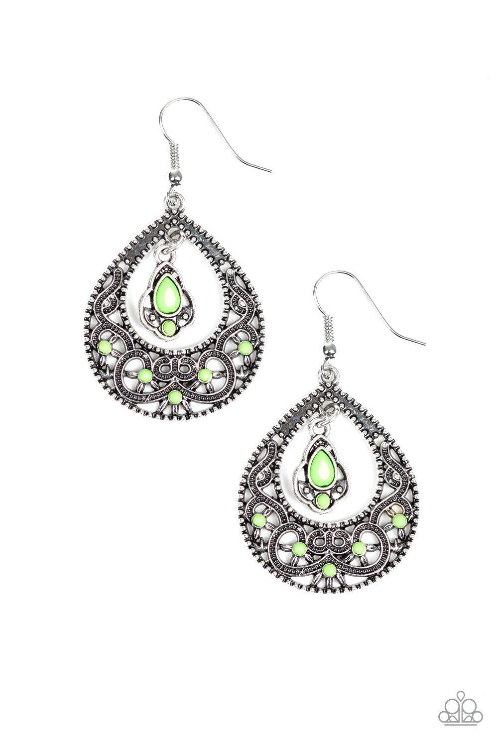 All-Girl GLOW Green and Silver Earrings - Paparazzi Accessories- lightbox - CarasShop.com - Paparazzi Jewelry by Cara Jewels
