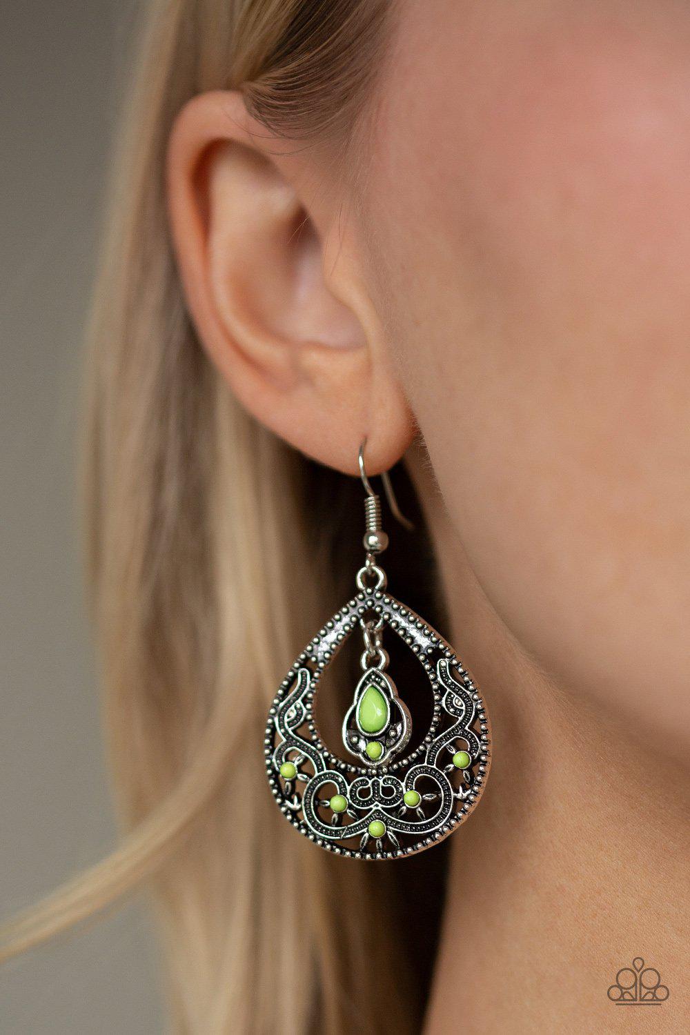 All-Girl GLOW Green and Silver Earrings - Paparazzi Accessories- on model - CarasShop.com - Paparazzi Jewelry by Cara Jewels
