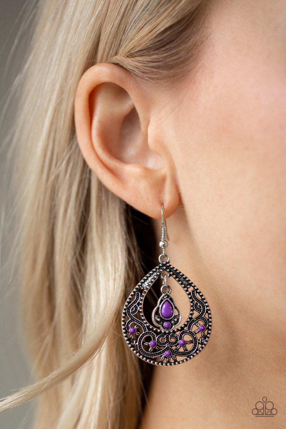 All-Girl Glow Purple and Silver Teardrop Earrings - Paparazzi Accessories- on model - CarasShop.com - Paparazzi Jewelry by Cara Jewels