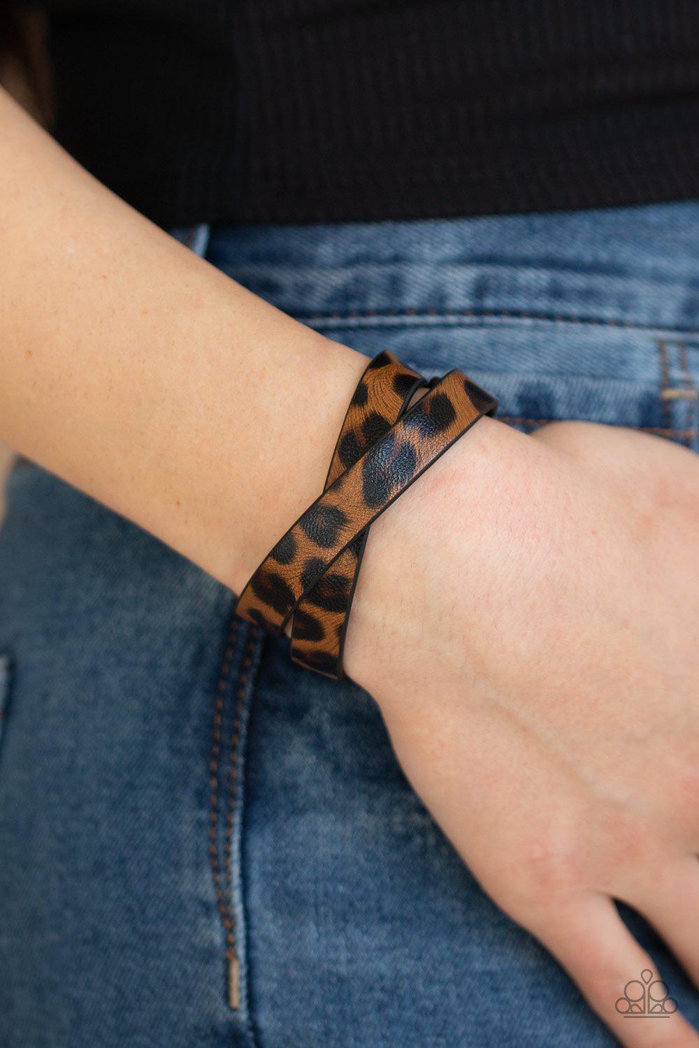 All GRRirl Brown Animal Print Double-wrap Snap Bracelet - Paparazzi Accessories- on model - CarasShop.com - Paparazzi Jewelry by Cara Jewels